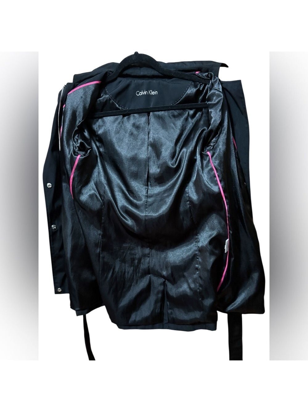 Calvin Klein-Classy black trench coat. Size small. Silver details/Hood. Like new - Picture 9 of 16